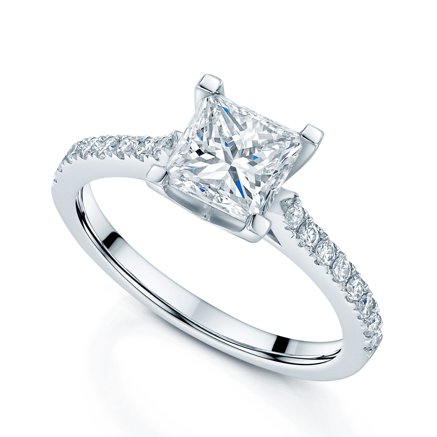 Platinum Princess Cut Diamond Four Claw Ring with Diamond Shoulders