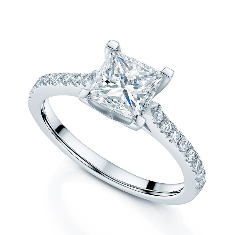 Platinum Princess Cut Diamond Four Claw Ring with Diamond Shoulders