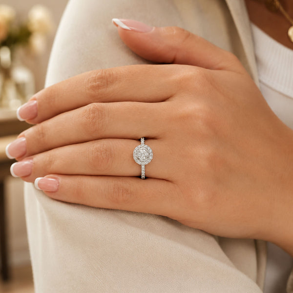 Platinum GIA Halo Setting Single Diamond Cluster Rubover Style With Diamond Claw Set Shoulders Ring