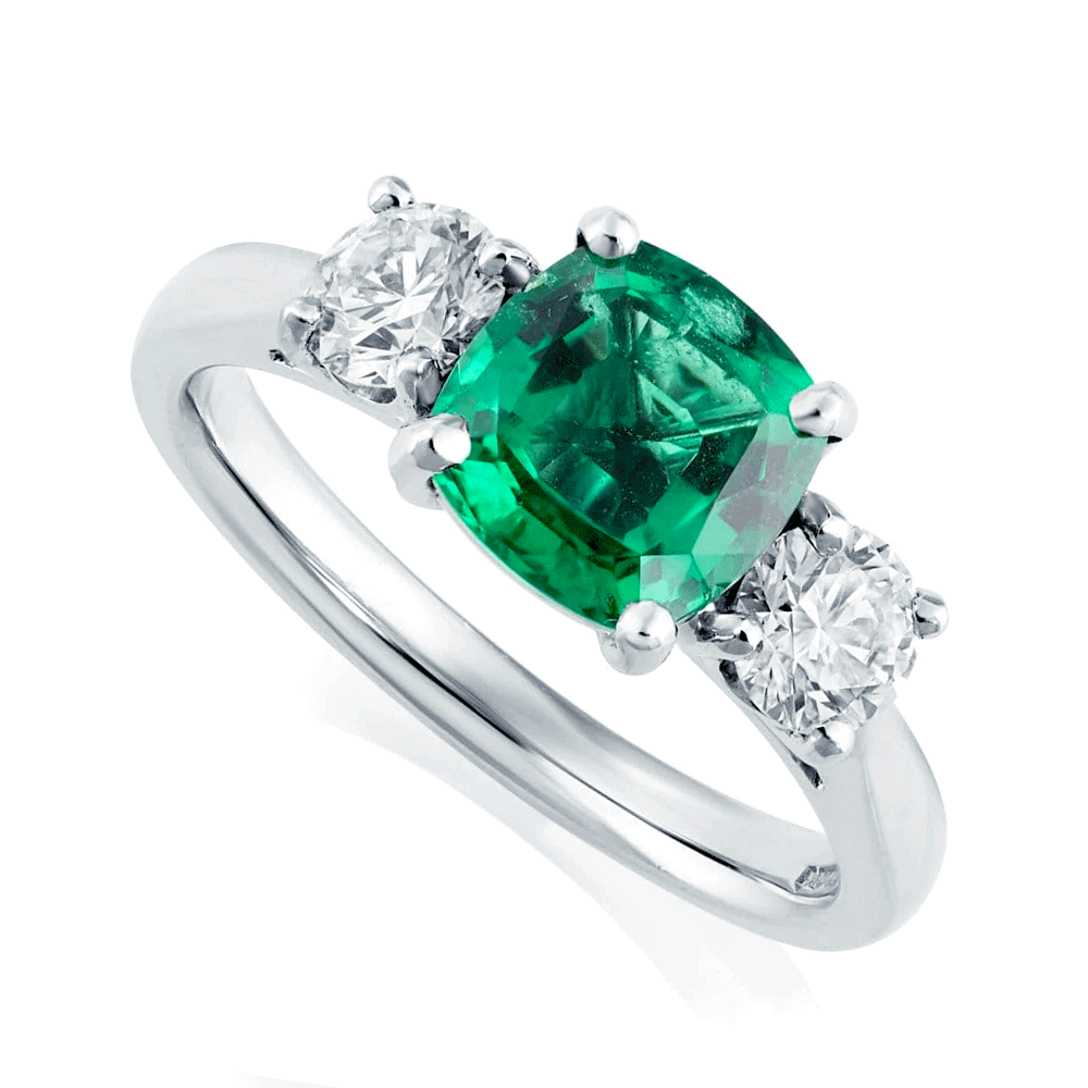 Platinum Cushion Shape Emerald & Diamond Three Stone Ring