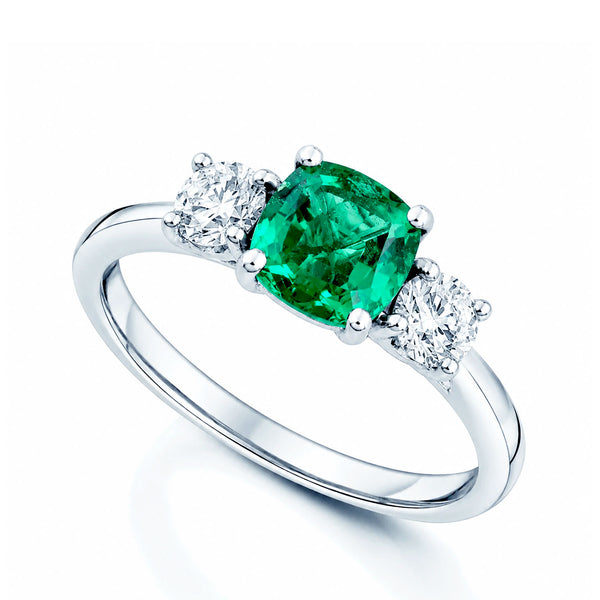 Platinum Cushion Shape Emerald & Diamond Three Stone Ring