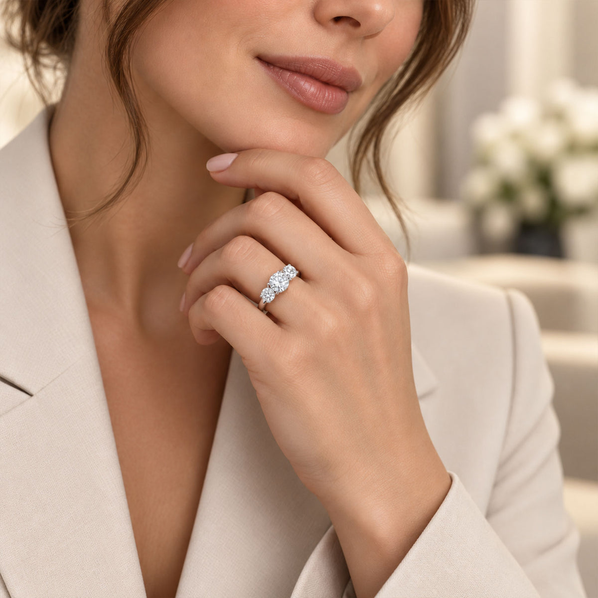 Platinum GIA Certified Round Brilliant Cut Diamond Three Stone Ring