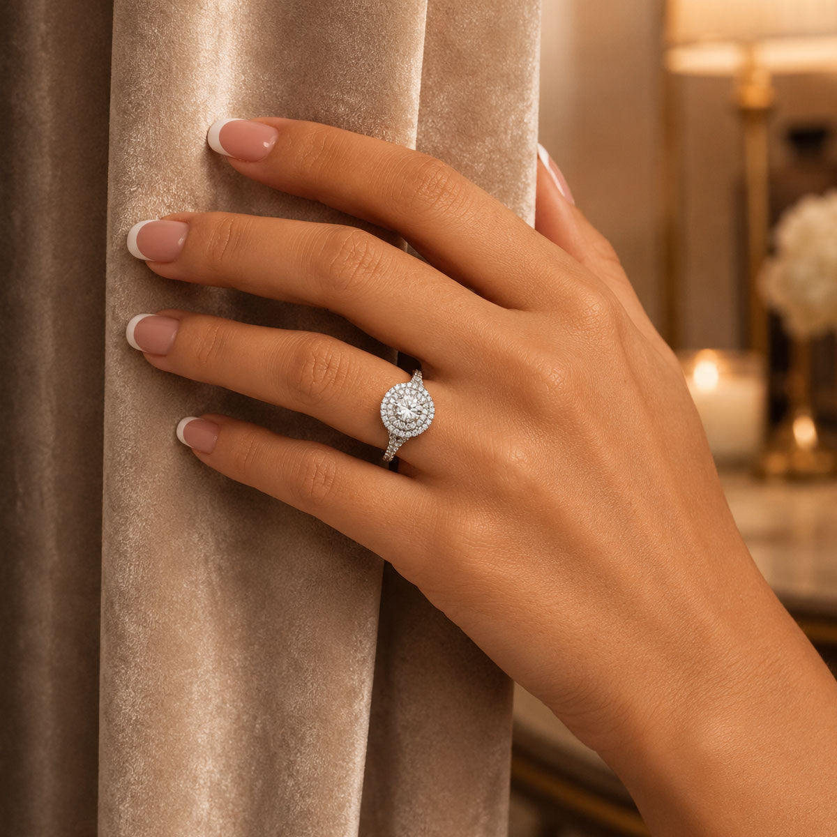 Platinum GIA Diamond Double Halo Ring with Split Diamond Shoulders