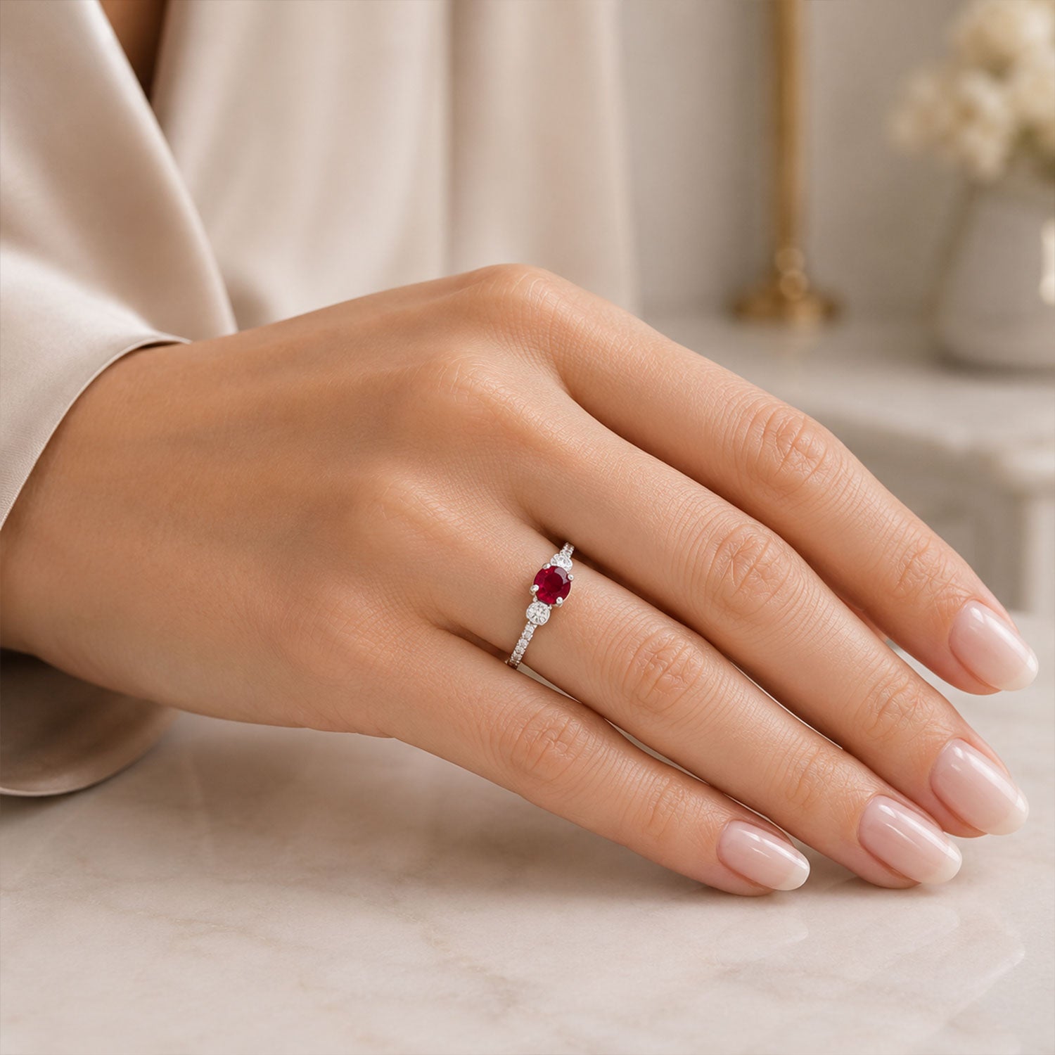 Platinum Ruby & Diamond Three Stone Ring With Diamond Set Shoulders