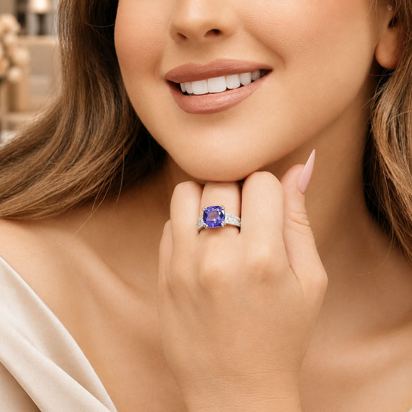 Platinum Cushion Cut Tanzanite Ring With Diamond Set Shoulders