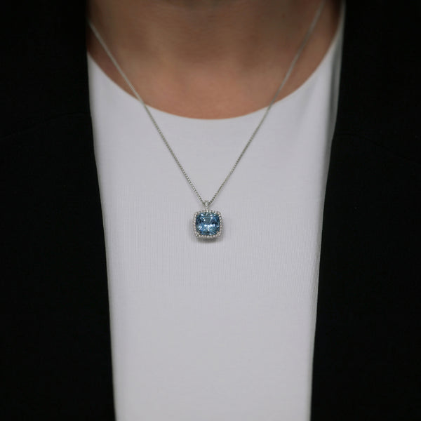 Berry's 18ct White Gold Cushion Shape Aquamarine & Diamond Cluster Pendant With Diamond Bale - Berry's Jewellers