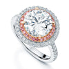 Platinum Round Brilliant Cut Diamond Ring set with Pink and White Diamond Halo and Shoulders