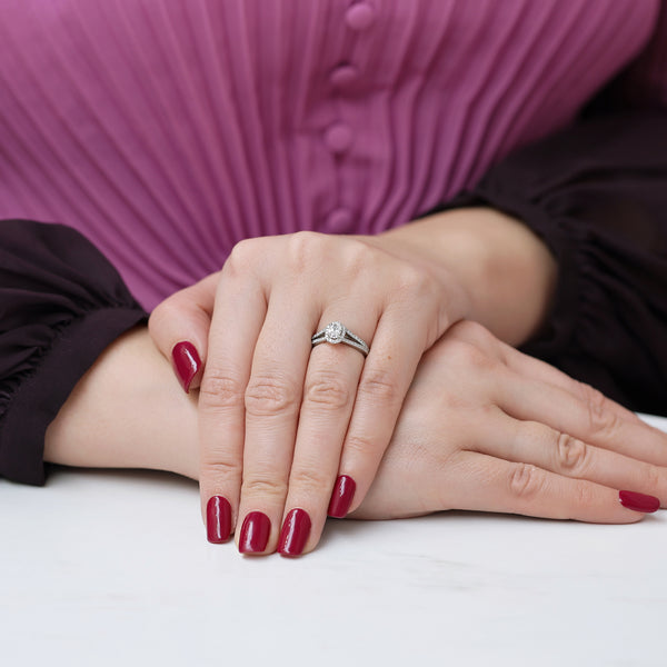 Platinum GIA Certificated Oval Cut Diamond Solitaire Halo Ring With Split Diamond Set Shoulders