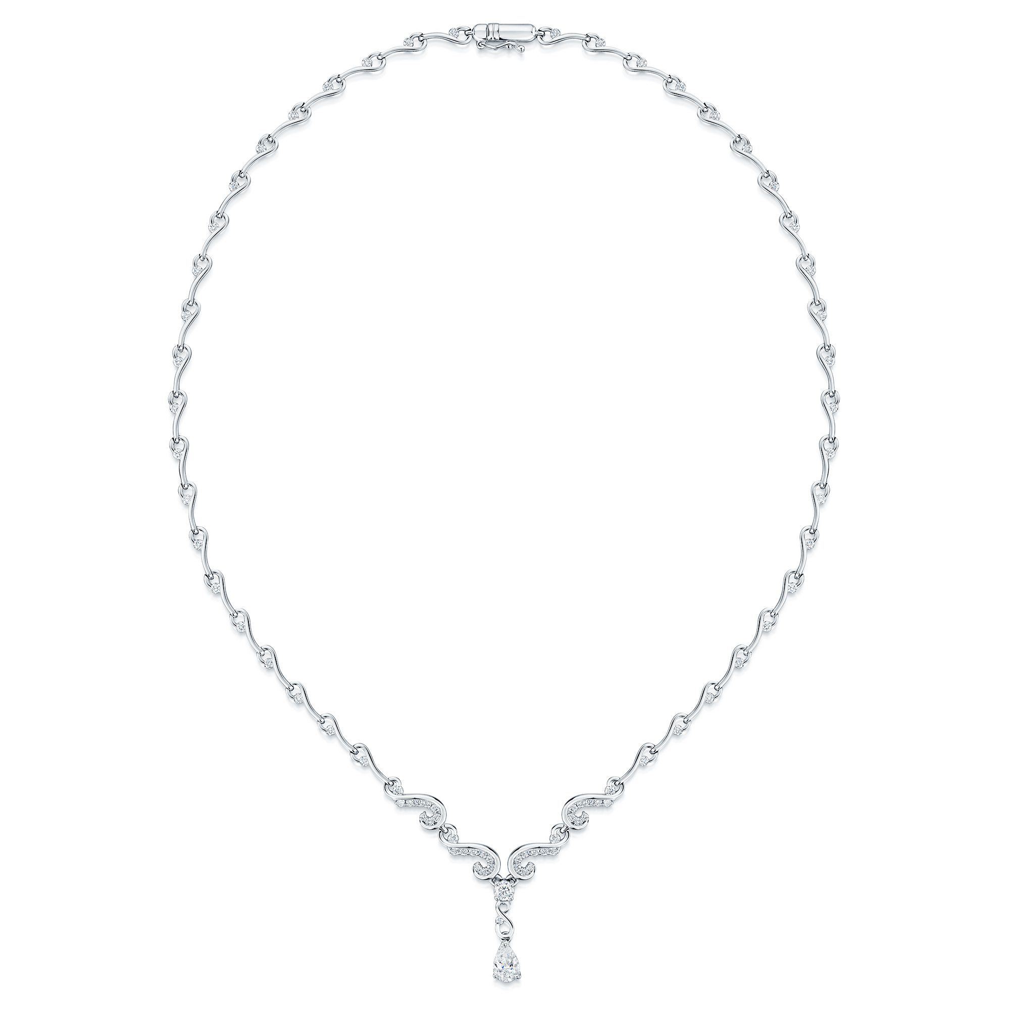 18ct White Gold Diamond Set Fancy Collarette Style Drop Necklace