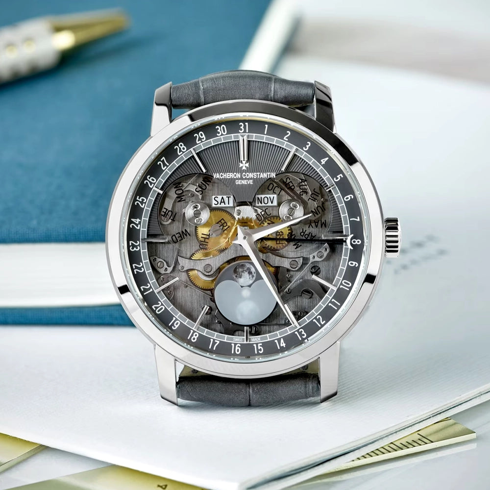 Vacheron Constantin Traditionnelle Complete Calendar Openface 18ct White Gold Strap Watch - Berry's Jewellers