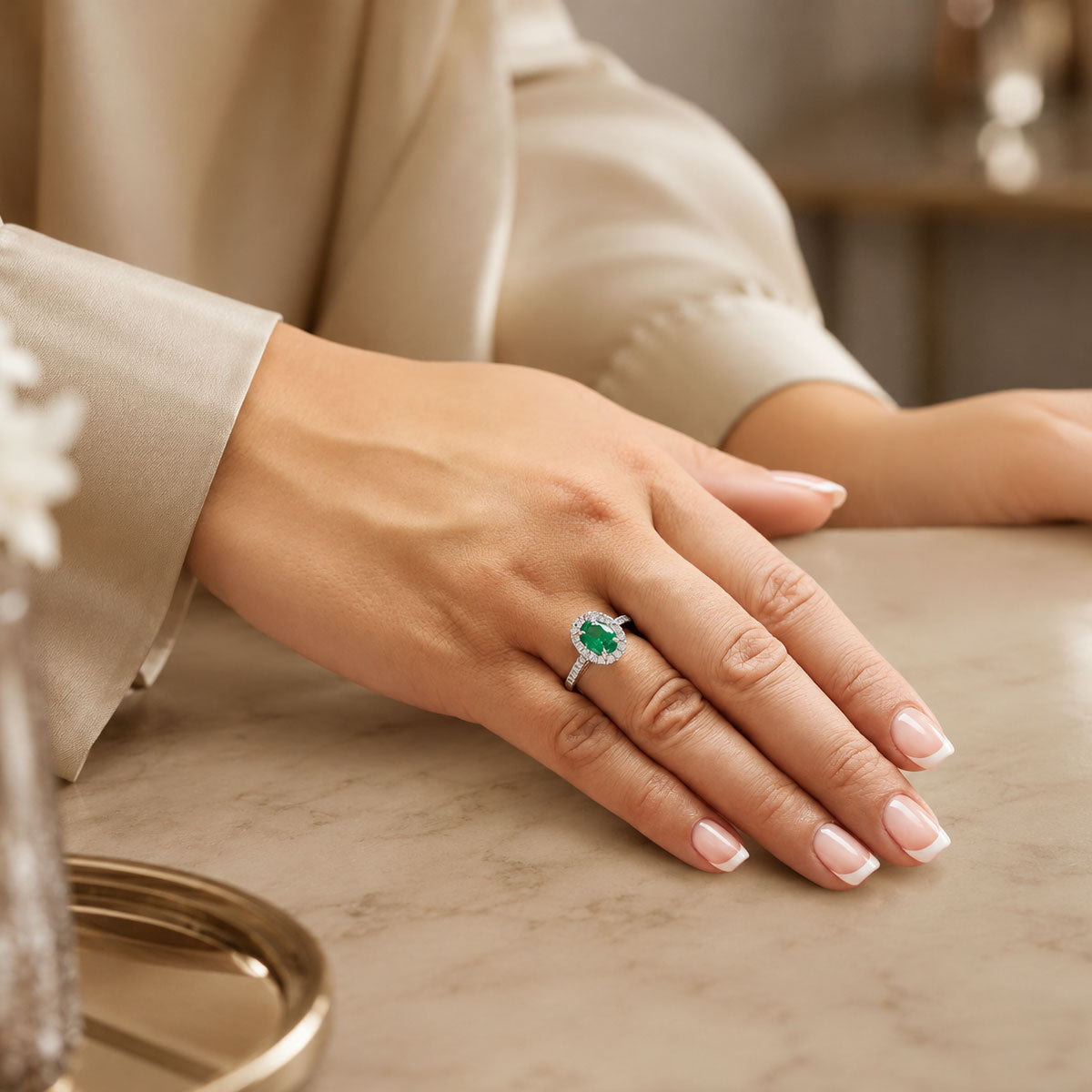 Platinum Oval Cut Emerald And Dimond Ring With Diamond Shoulders