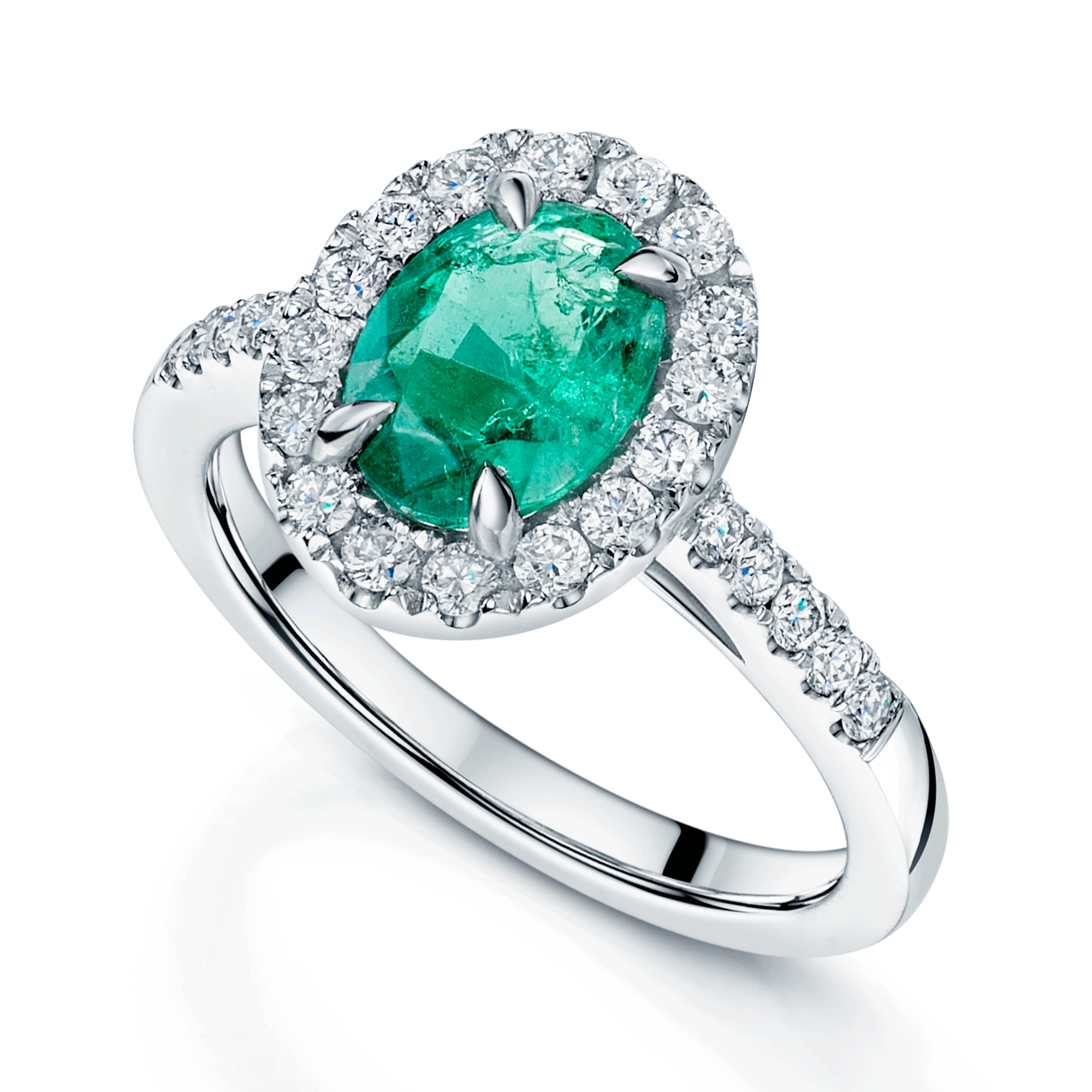 Platinum Oval Cut Emerald And Dimond Ring With Diamond Shoulders