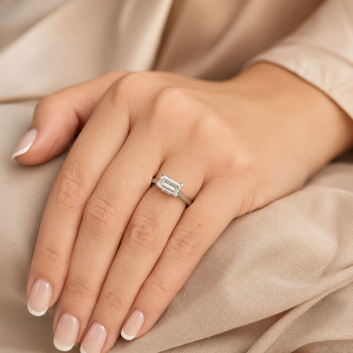 Platinum GIA Certificated Step Cut Diamond Four Claw Horizontally Set Ring
