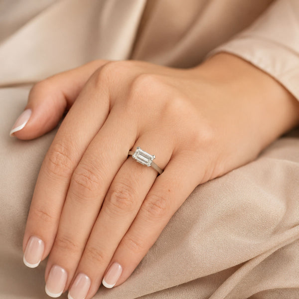 Platinum GIA Certificated Step Cut Diamond Four Claw Horizontally Set Ring