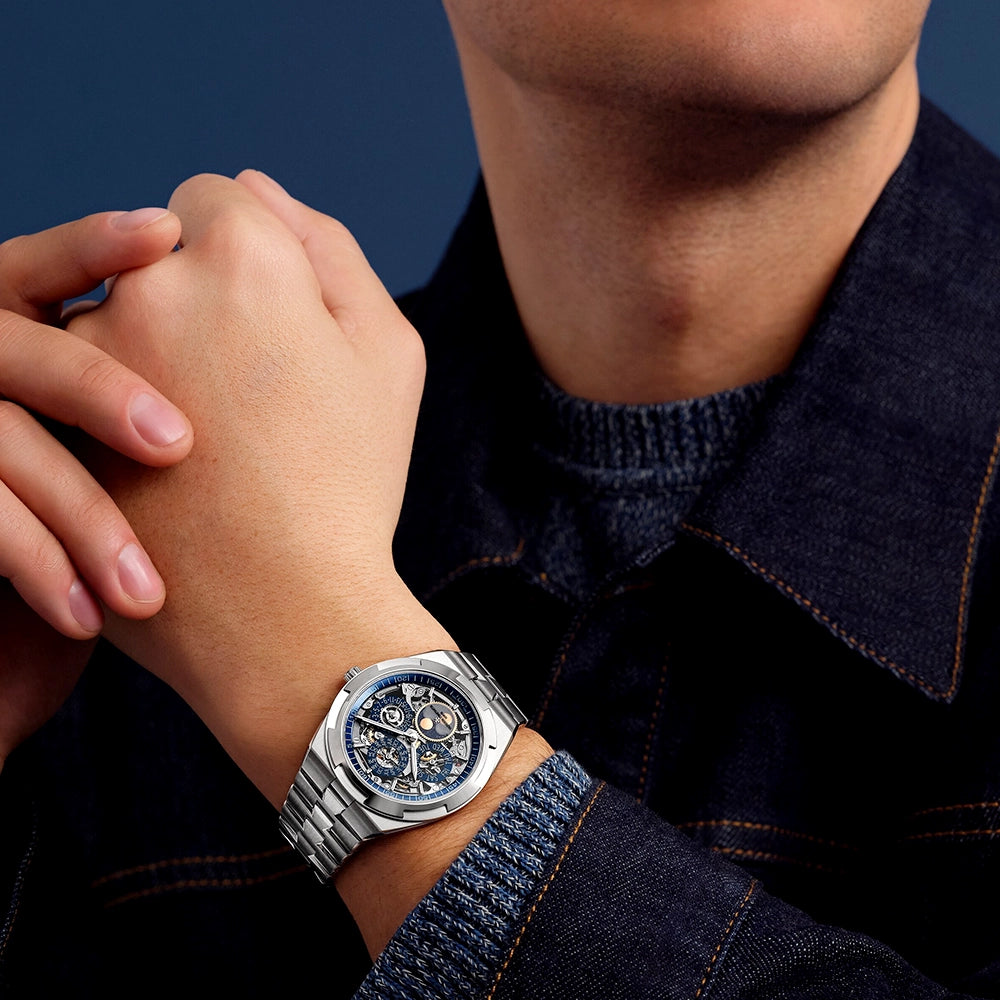 Vacheron Constantin Overseas Perpetual Calendar Ultra-Thin Blue Skeleton 18ct White Gold Watch - Berry's Jewellers