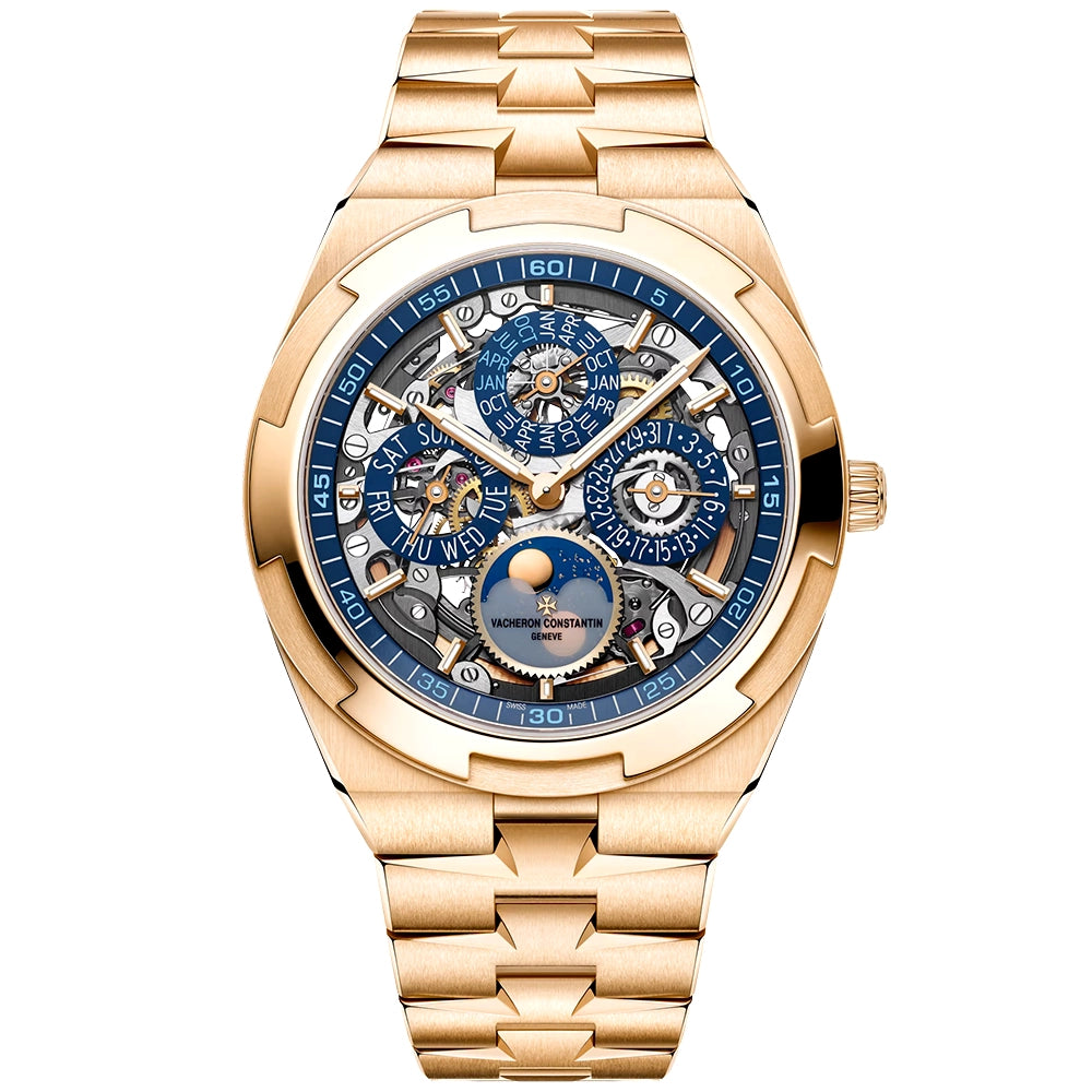 Vacheron Constantin Overseas Perpetual Calendar Ultra-Thin Blue Skeleton 18ct Pink Gold Watch - Berry's Jewellers