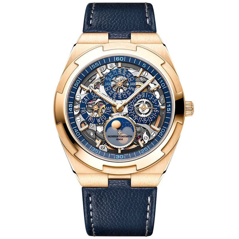 Vacheron Constantin Overseas Perpetual Calendar Ultra-Thin Blue Skeleton 18ct Pink Gold Watch - Berry's Jewellers