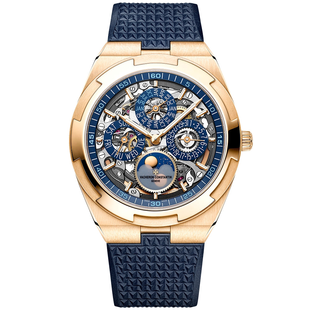 Vacheron Constantin Overseas Perpetual Calendar Ultra-Thin Blue Skeleton 18ct Pink Gold Watch - Berry's Jewellers