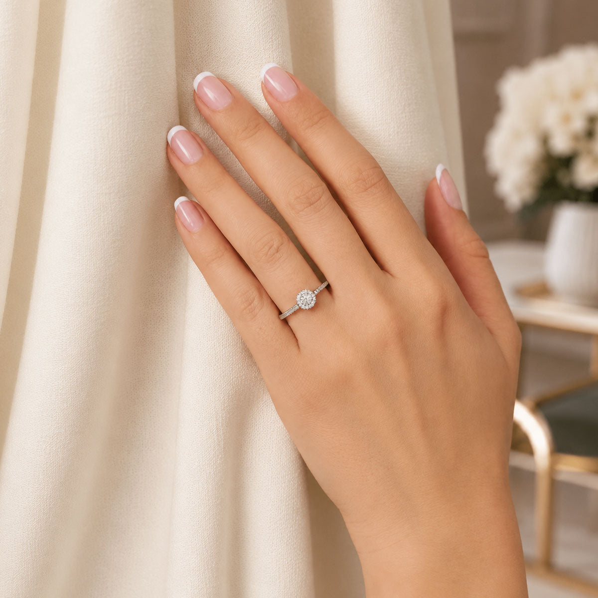 Platinum Round Brilliant Cut Diamond Ring With A Double Diamond Set Halo & Diamond Shoulders