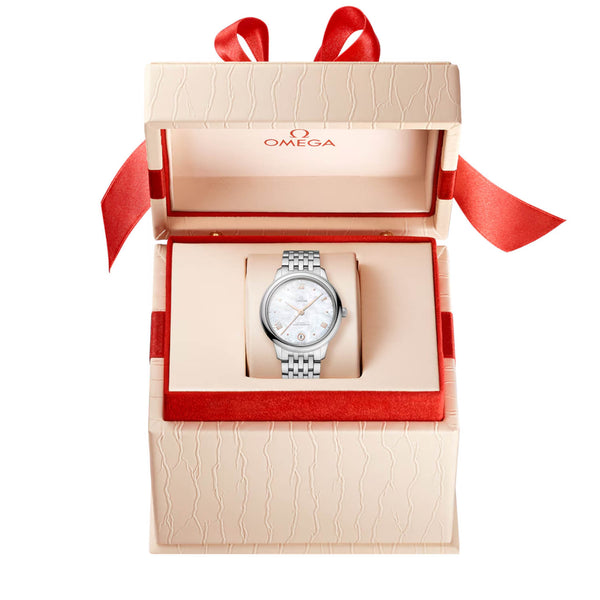 OMEGA De Ville Prestige 34mm White Mother of Pearl Dial Ladies Bracelet Watch - Berry's Jewellers