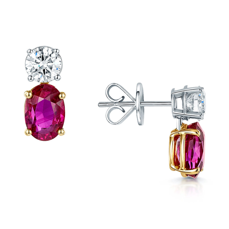 18ct Yellow And White Gold Oval Cut Ruby And Diamond Drop Earrings