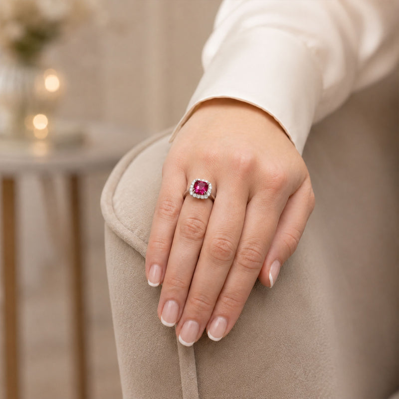 Platinum Cushion Shape Rubelite Tourmaline And Diamond Halo Cluster Dress Ring