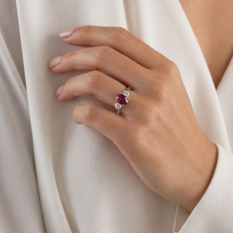 Berry's Platinum Oval Unheated Madagascan Ruby And Oval Diamond Three Stone Ring - Berry's Jewellers