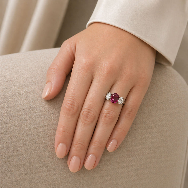 Berry's Platinum Oval Unheated Madagascan Ruby And Oval Diamond Three Stone Ring - Berry's Jewellers