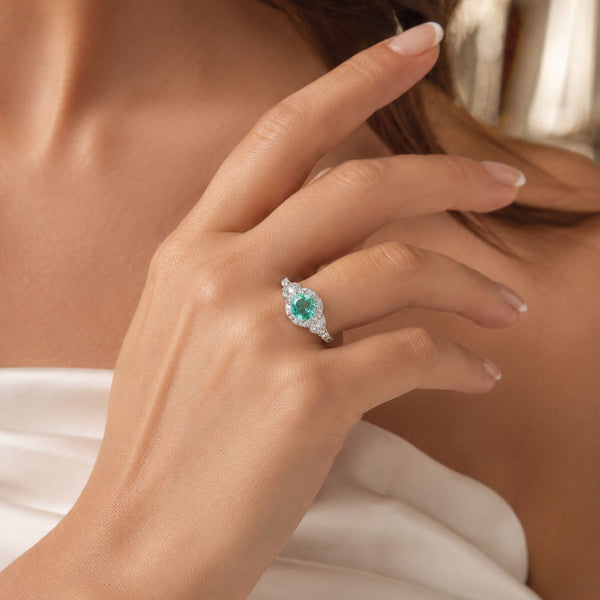 Platinum Oval Cut Green Beryl & Marquise & Round Brilliant Cut Diamond Cluster Ring
