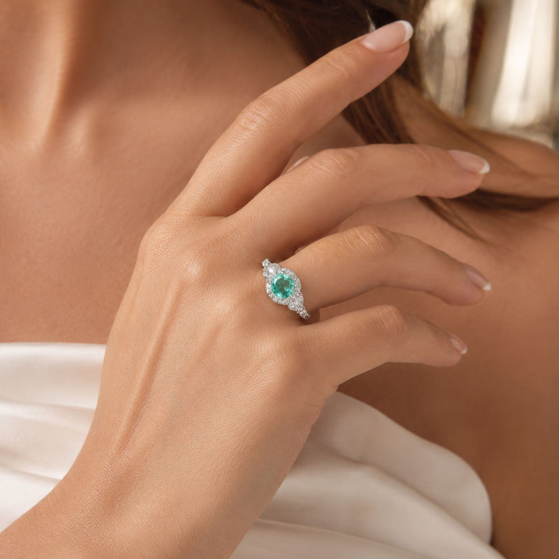 Platinum Oval Cut Green Beryl & Marquise & Round Brilliant Cut Diamond Cluster Ring