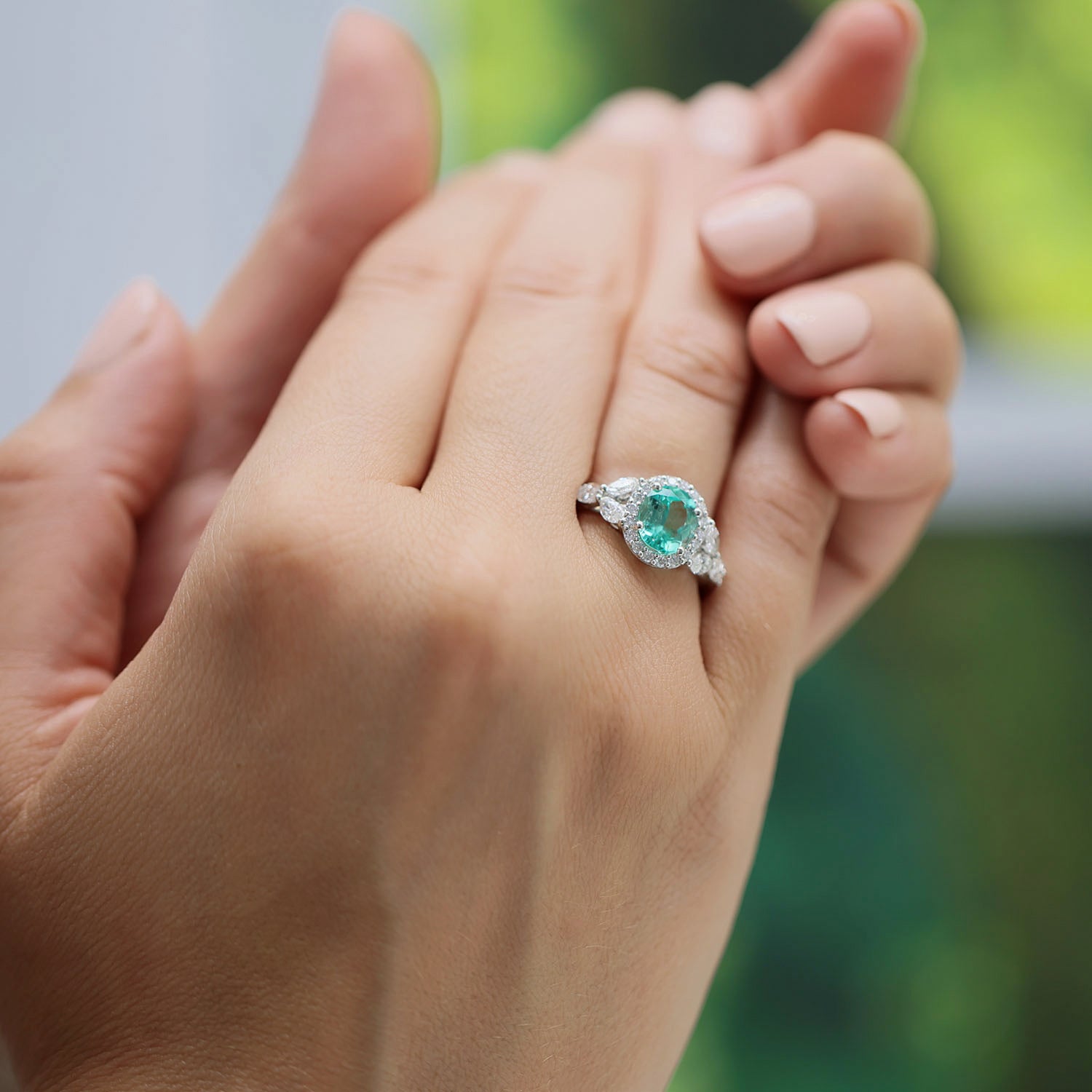 Berry's Platinum Oval Cut Green Beryl & Marquise & Round Brilliant Cut Diamond Cluster Ring - Berry's Jewellers