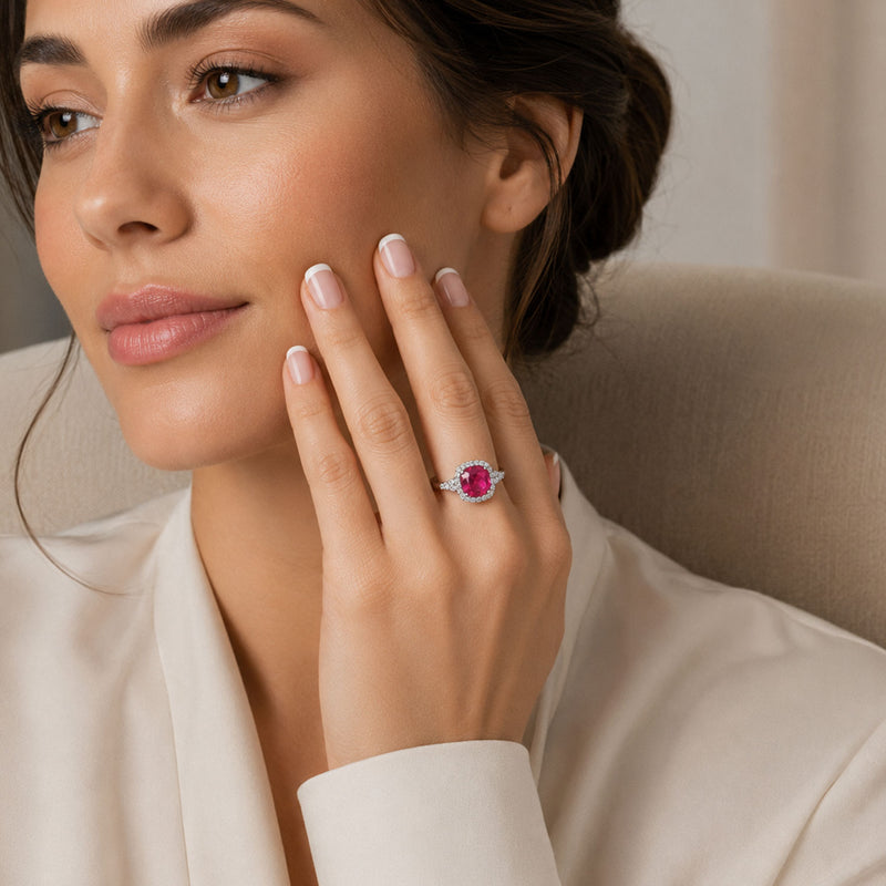 Platinum Cushion Shape Rubelite Tourmaline And Diamond Halo Cluster Dress Ring With Diamond Shoulders