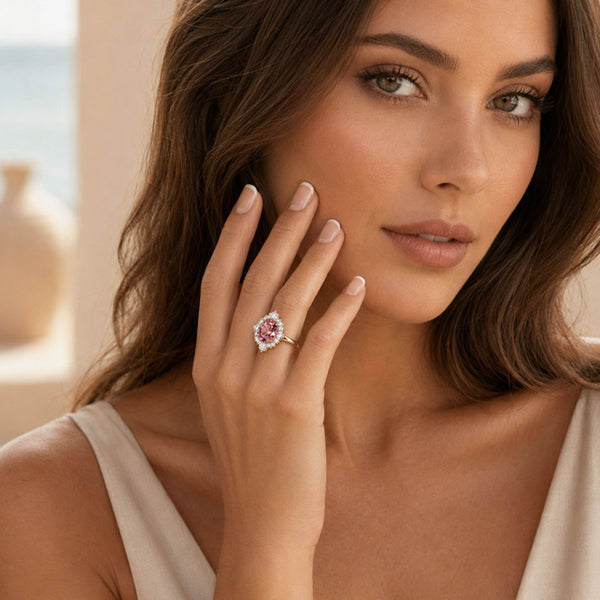 18ct Rose Gold Oval Malayan Garnet And Diamond Vintage Cluster Ring With Surround In White Gold Claw Setting