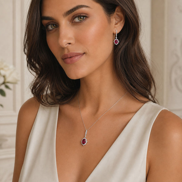 Berry's 18ct White Gold Oval Rubellite And Diamond Vintage Cluster Pendant - Berry's Jewellers