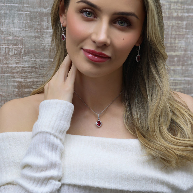 18ct White Gold Oval Rubellite And Diamond Cluster Drop Earrings With Diamond Fittings