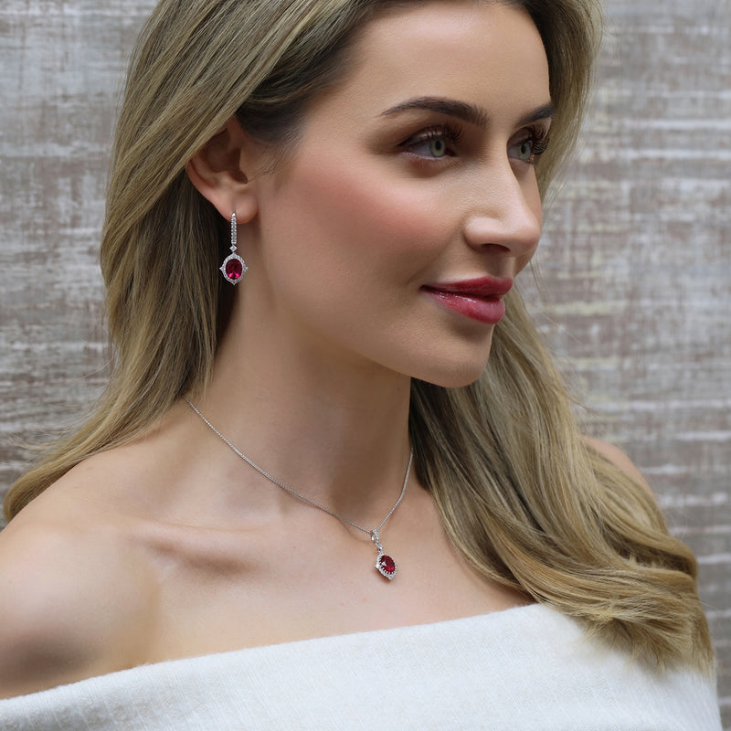 18ct White Gold Oval Rubellite And Diamond Cluster Drop Earrings With Diamond Fittings