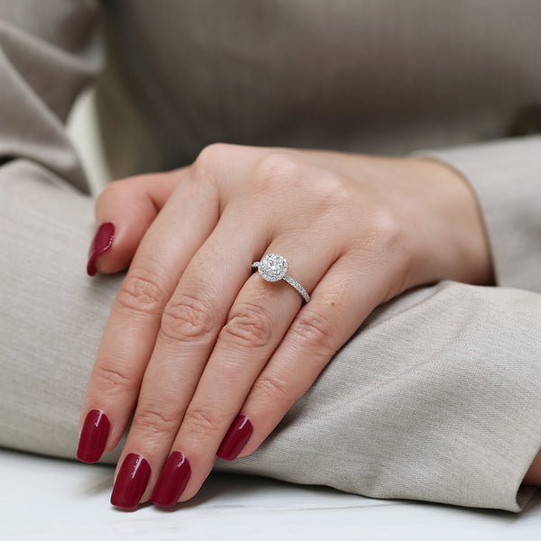 Platinum GIA Certificated Round Brilliant Cut Diamond Halo Ring With Diamond Set Shoulders