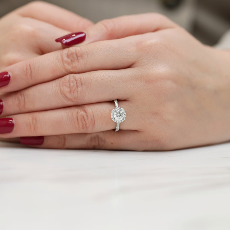 Platinum GIA Certificated Round Brilliant Cut Diamond Halo Ring With Diamond Set Shoulders