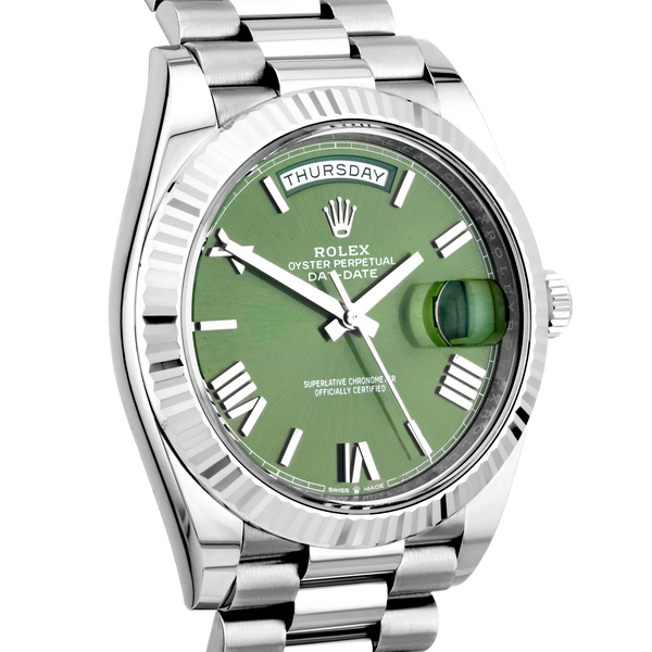 Pre-Owned Rolex Day-Date 40mm 18ct White Gold Green Dial Watch (2021) - Berry's Jewellers