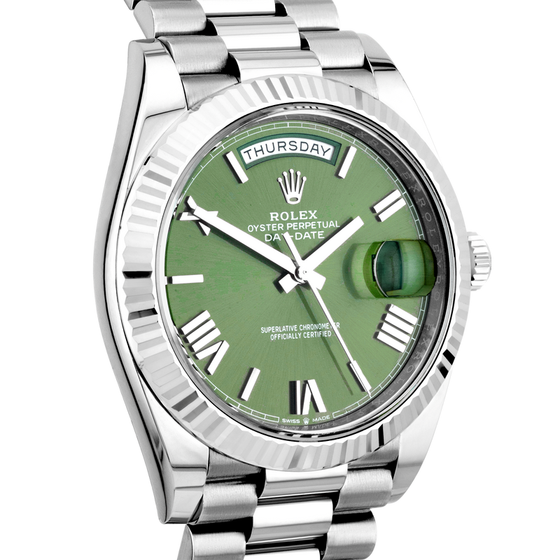 Pre-Owned Rolex Day-Date 40mm 18ct White Gold Green Dial Watch (2021) - Berry's Jewellers