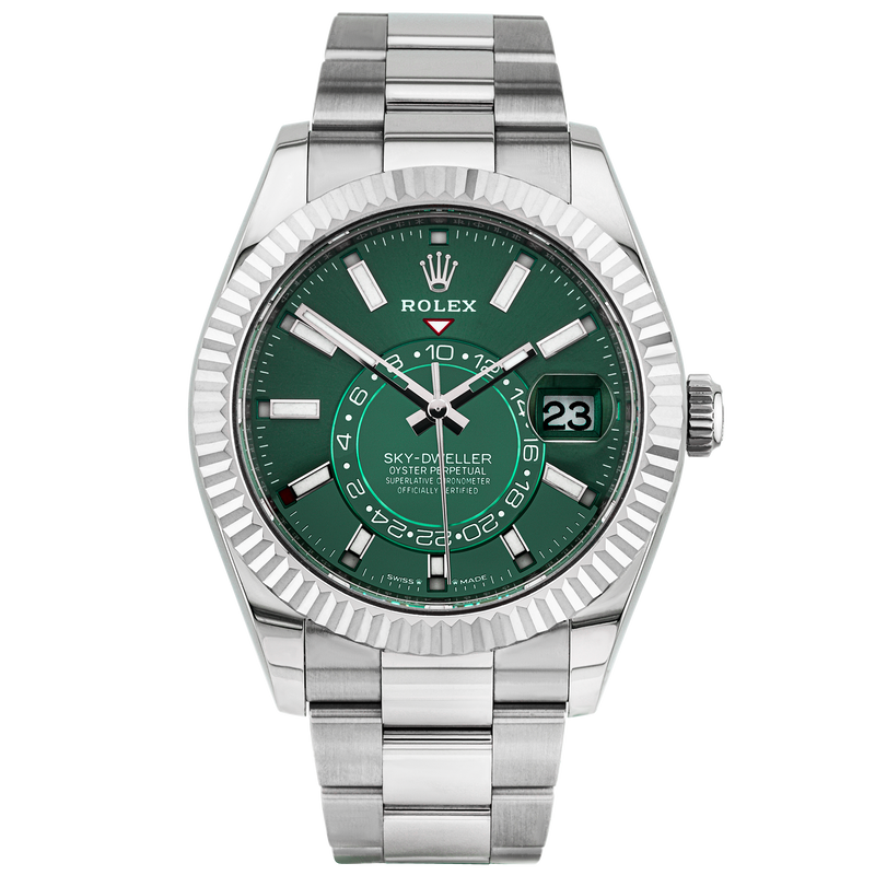 Pre-Owned Rolex Sky-Dweller 42mm 18ct White Gold Green Dial Watch (2023) - Berry's Jewellers