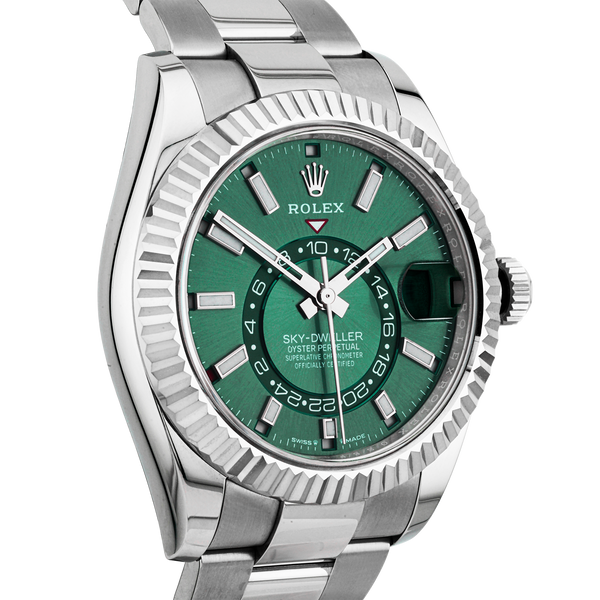 Pre-Owned Rolex Sky-Dweller 42mm 18ct White Gold Green Dial Watch (2023) - Berry's Jewellers