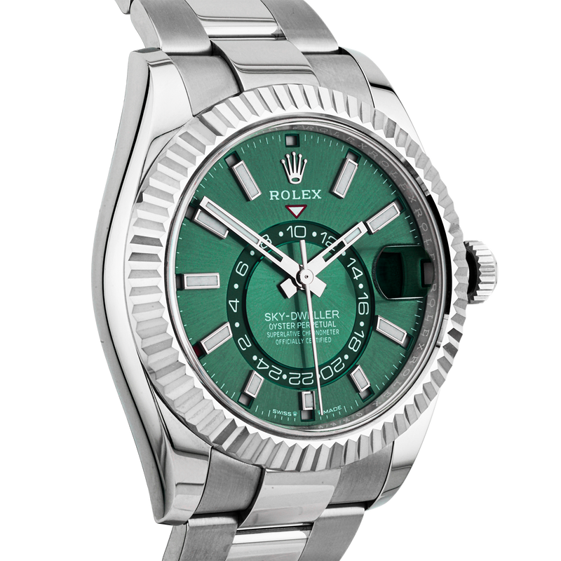 Pre-Owned Rolex Sky-Dweller 42mm 18ct White Gold Green Dial Watch (2023) - Berry's Jewellers