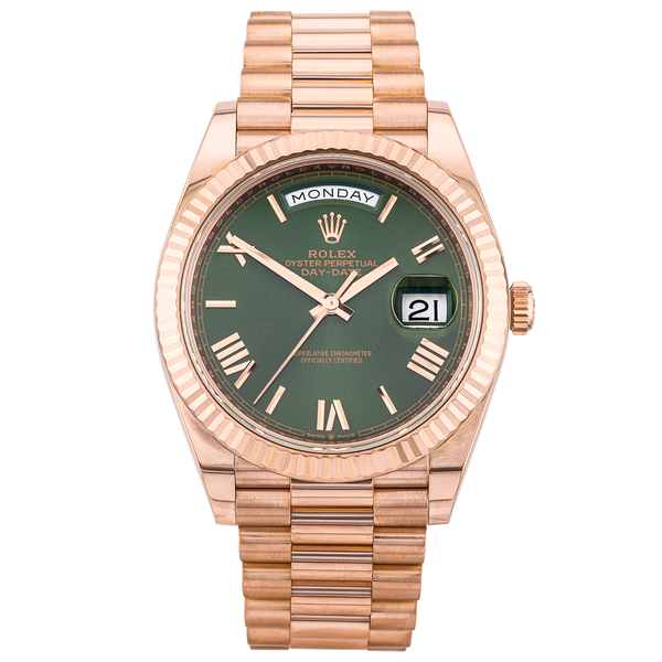 Pre-Owned Rolex Day-Date 40mm 18ct Rose Gold Olive Green Dial Watch (2019) - Berry's Jewellers