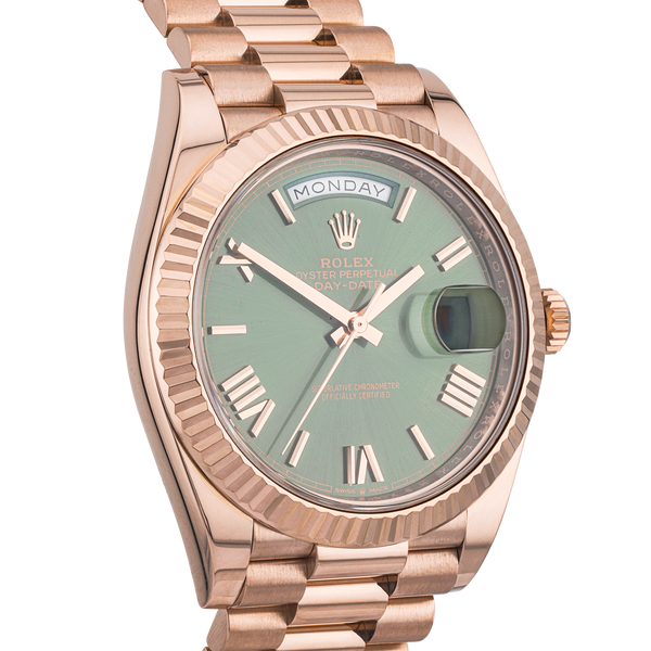 Pre-Owned Rolex Day-Date 40mm 18ct Rose Gold Olive Green Dial Watch (2019) - Berry's Jewellers