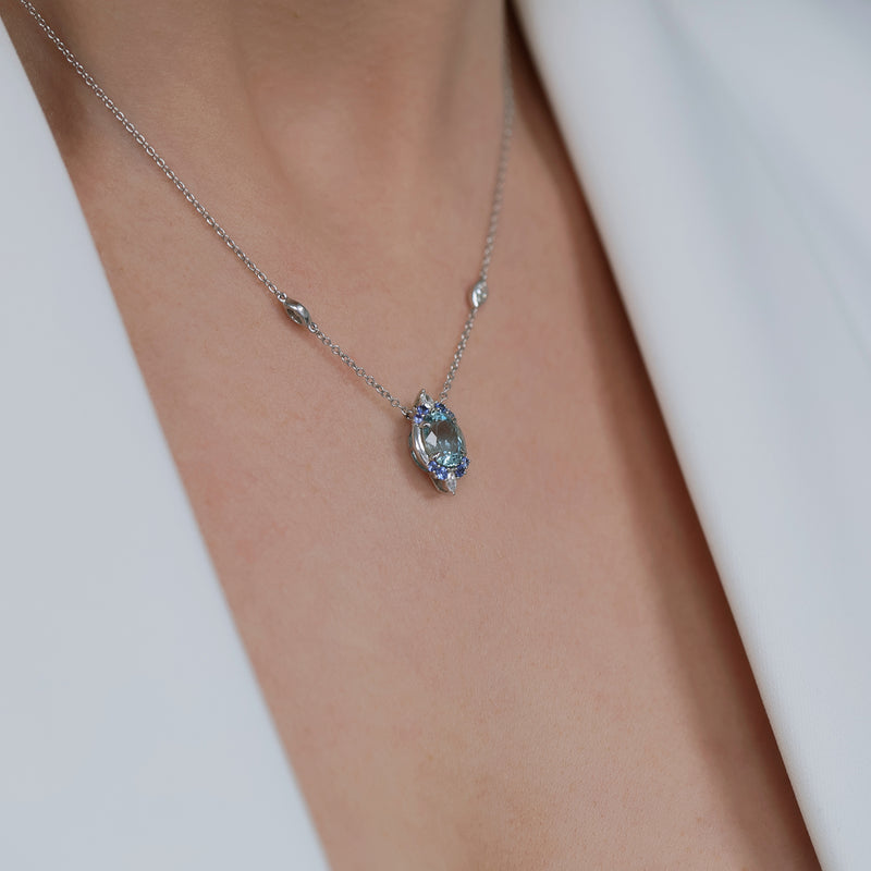 Berry's 18ct White Gold Oval Cut Aquamarine, Marquise Cut Diamond & Round Cut Sapphire Pendant - Berry's Jewellers