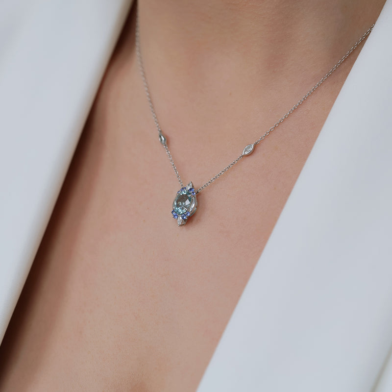 Berry's 18ct White Gold Oval Cut Aquamarine, Marquise Cut Diamond & Round Cut Sapphire Pendant - Berry's Jewellers