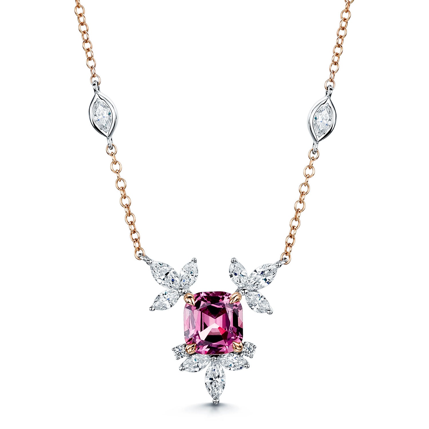Berry's 18ct Rose & White Gold Malayan Garnet Marquise Diamond Flower Necklace With Marquise Cut Diamond Set Chain - Berry's Jewellers