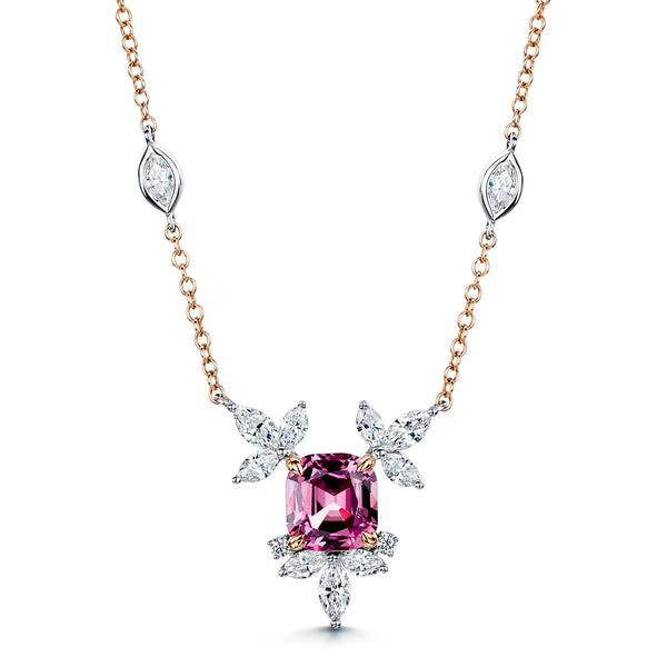 Berry's 18ct Rose & White Gold Malayan Garnet Marquise Diamond Flower Necklace With Marquise Cut Diamond Set Chain - Berry's Jewellers