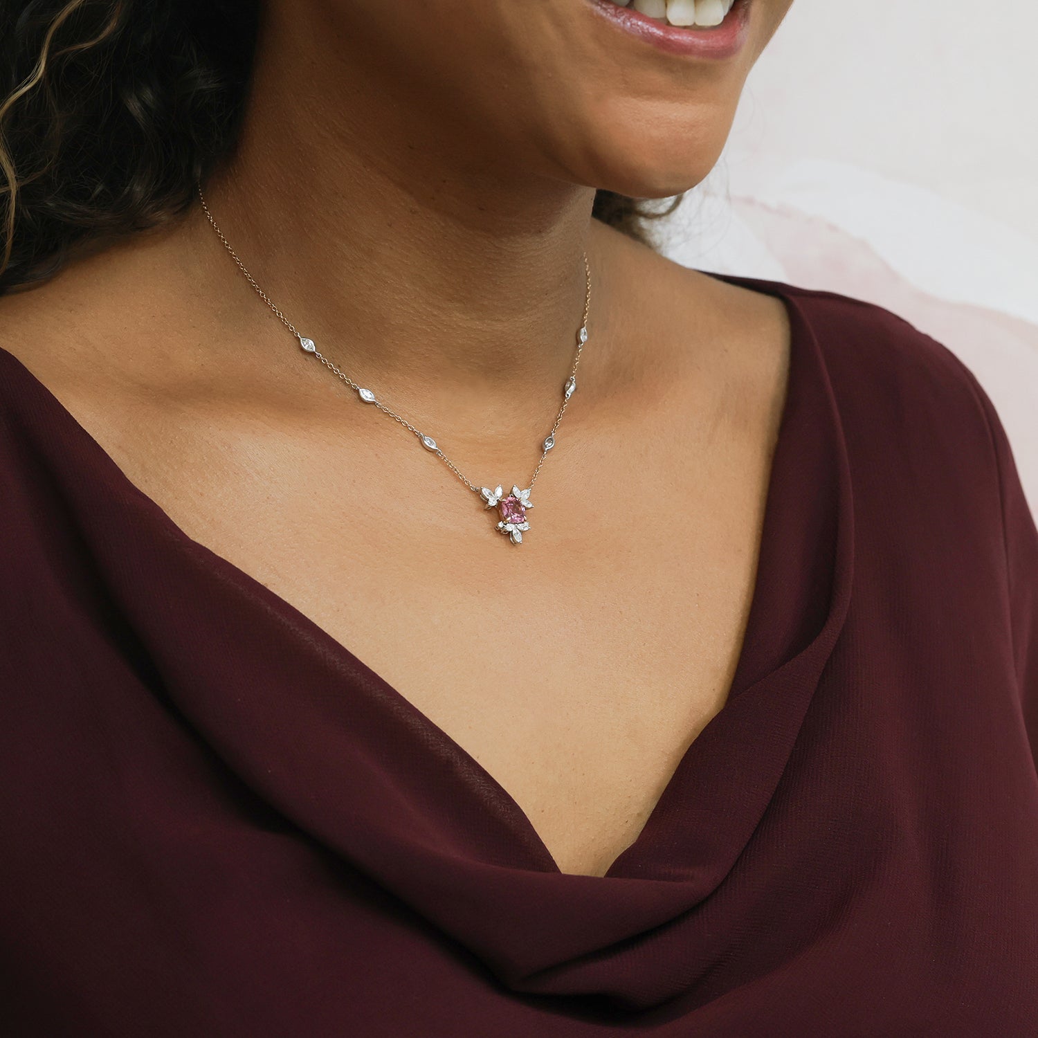 Berry's 18ct Rose & White Gold Malayan Garnet Marquise Diamond Flower Necklace With Marquise Cut Diamond Set Chain - Berry's Jewellers